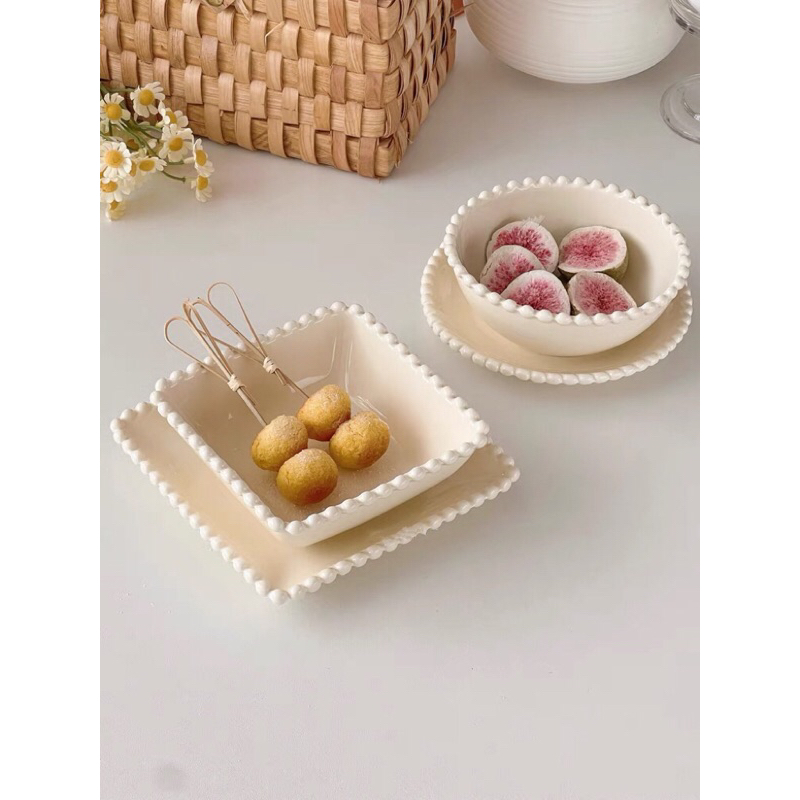 Bộ bát đĩa viền hạt nổi màu be lạ mắt, bát đĩa phong cách Hàn Quốc