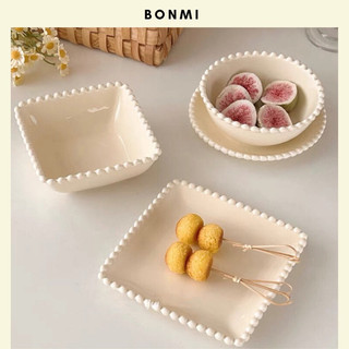 Set bát đĩa viền hạt tiểu thư màu kem phong cách Hàn Quốc Bonmi Decor
