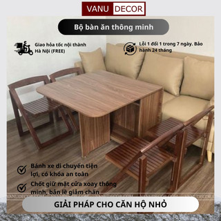 Bàn ăn gấp gọn thông minh VANU DECOR có kệ để đồ, bánh xe di chuyển, bản lề giảm chấn (kèm 4 ghế)