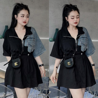 Váy Thun Nữ Chất Cotton Phối Jeans dây rút eo cổ khoá đồng ❤️ Dáng Suông