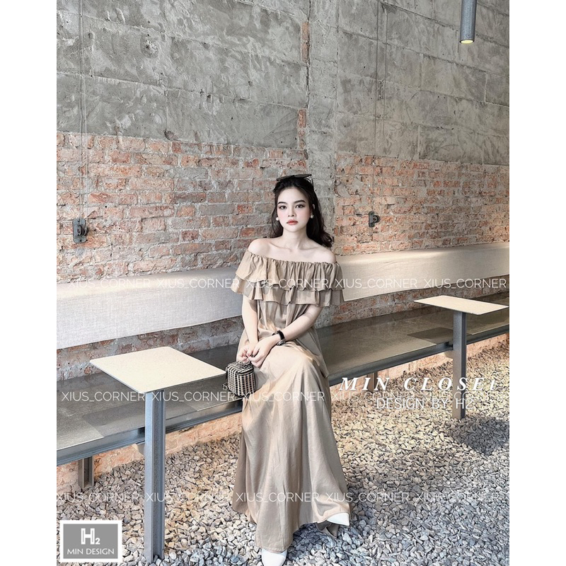 Set Váy Lụa Áo Trễ Vai Bèo Xinh Xắn