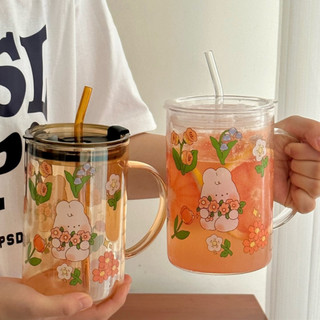 Cốc Thủy Tinh chịu nhiệt Bunny Flower 1000ml Kèm Ống Hút Có Nắp tay cầm Phong Cách Hàn Quốc uống trà, cà phê, sinh tố c