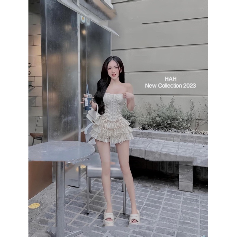 Váy đi chơi cúp ngực đan dây eo chân tầng, đầm xoè cup ngực dạo phố