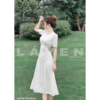 gv040.15- đầm ren trắng khoét lưng, dưới 55kg