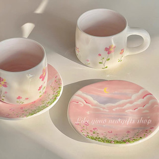Set tách trà gốm sứ tone hồng mộng mơ (tặng kèm thìa gốm hoa tulip)
