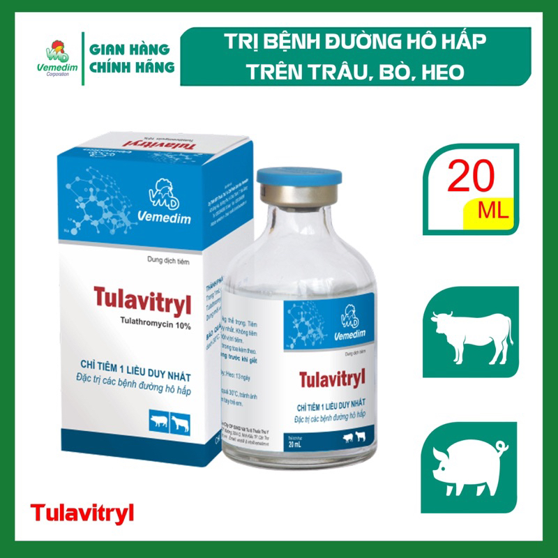 1 lọ TULAVITRYL 20ml dùng cho hô hấp trên trâu, bò, heo, gà