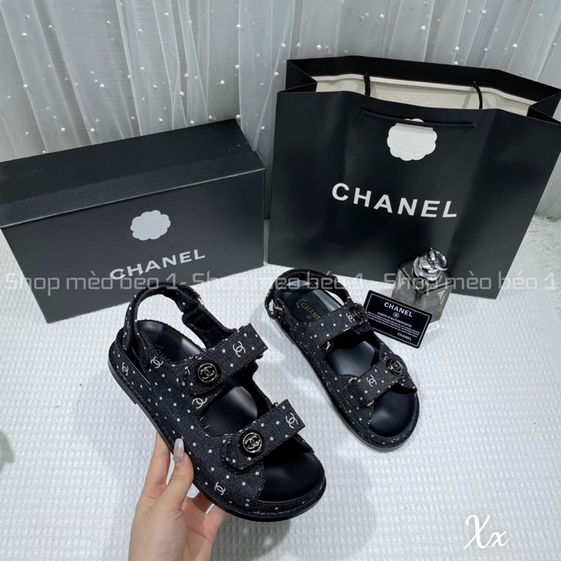 Sandal cn demin hoạ tiết chấm bi khuy tròn fullbox