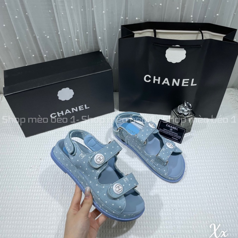 Sandal cn demin hoạ tiết chấm bi khuy tròn fullbox