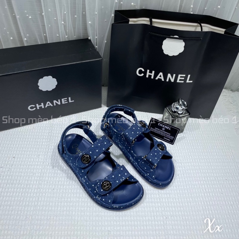 Sandal cn demin hoạ tiết chấm bi khuy tròn fullbox