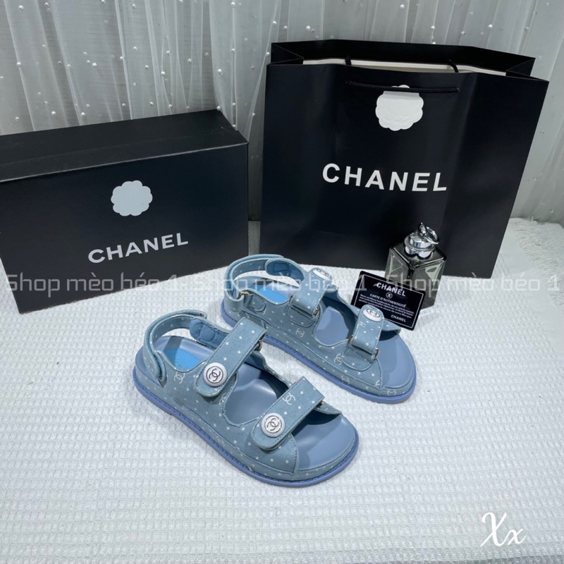 Sandal cn demin hoạ tiết chấm bi khuy tròn fullbox