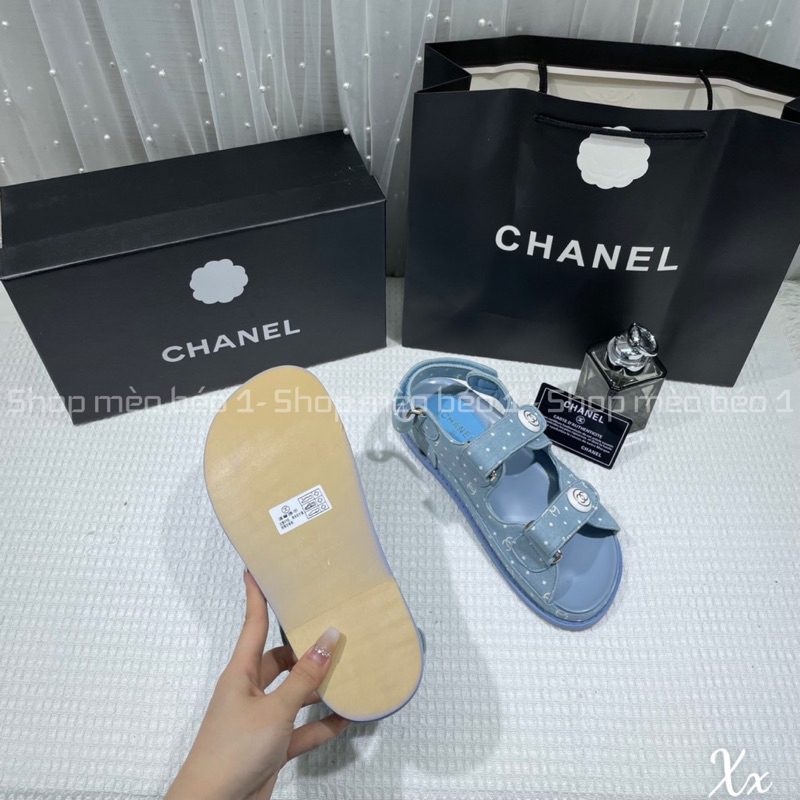 Sandal cn demin hoạ tiết chấm bi khuy tròn fullbox