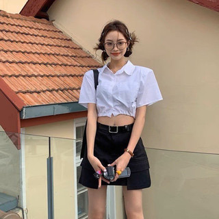 Set crop sơ mi trắng rút eo + chân váy kaki đen túi hộp 🖤