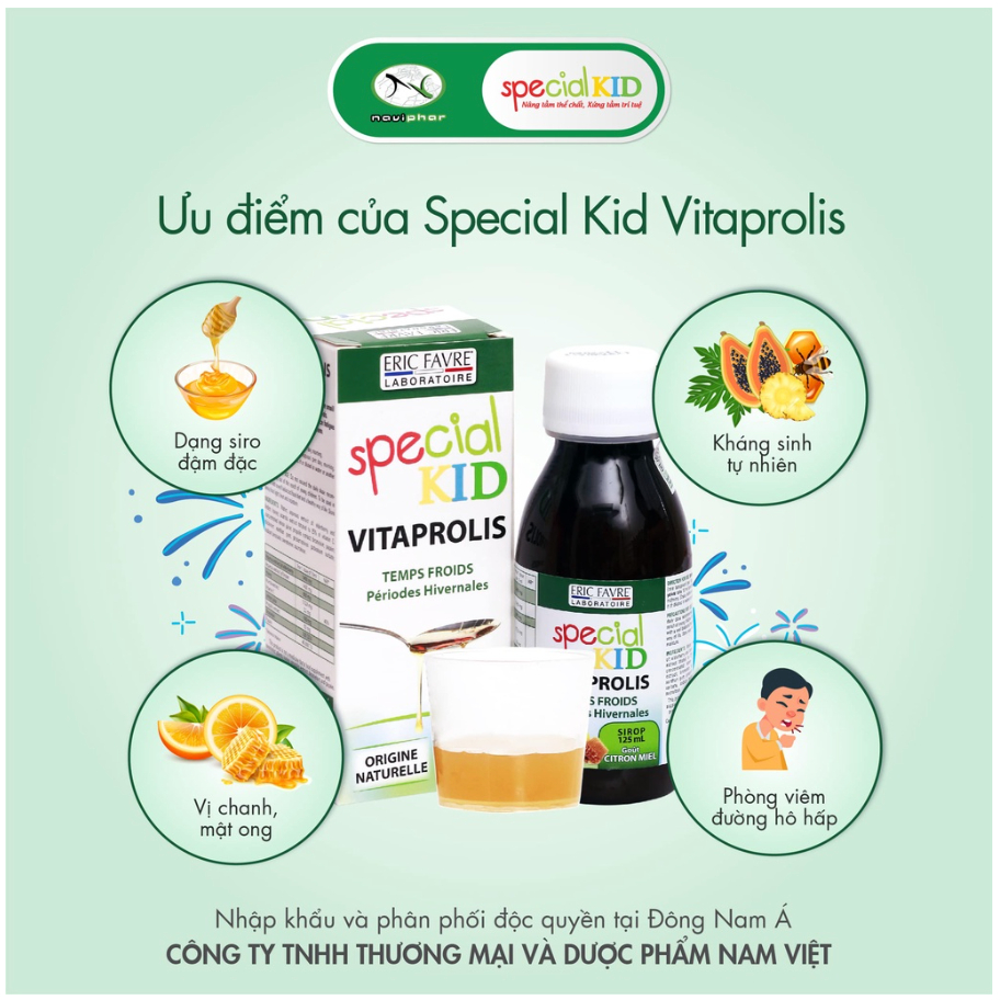 Special Kid Vitaprolis - Siro bộ 3 kháng sinh hữu cơ tự nhiên, giảm viêm đường hô hấp trên Lọ 125ml [Eric Favre - Pháp]