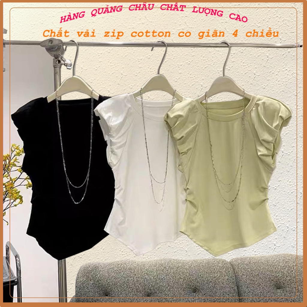 Áo thun nữ BIGBI tay bèo, hàng Quảng Châu chất vải zip cotton co giãn bốn chiều, áo cổ tròn, triết eo phong cách hè 2023