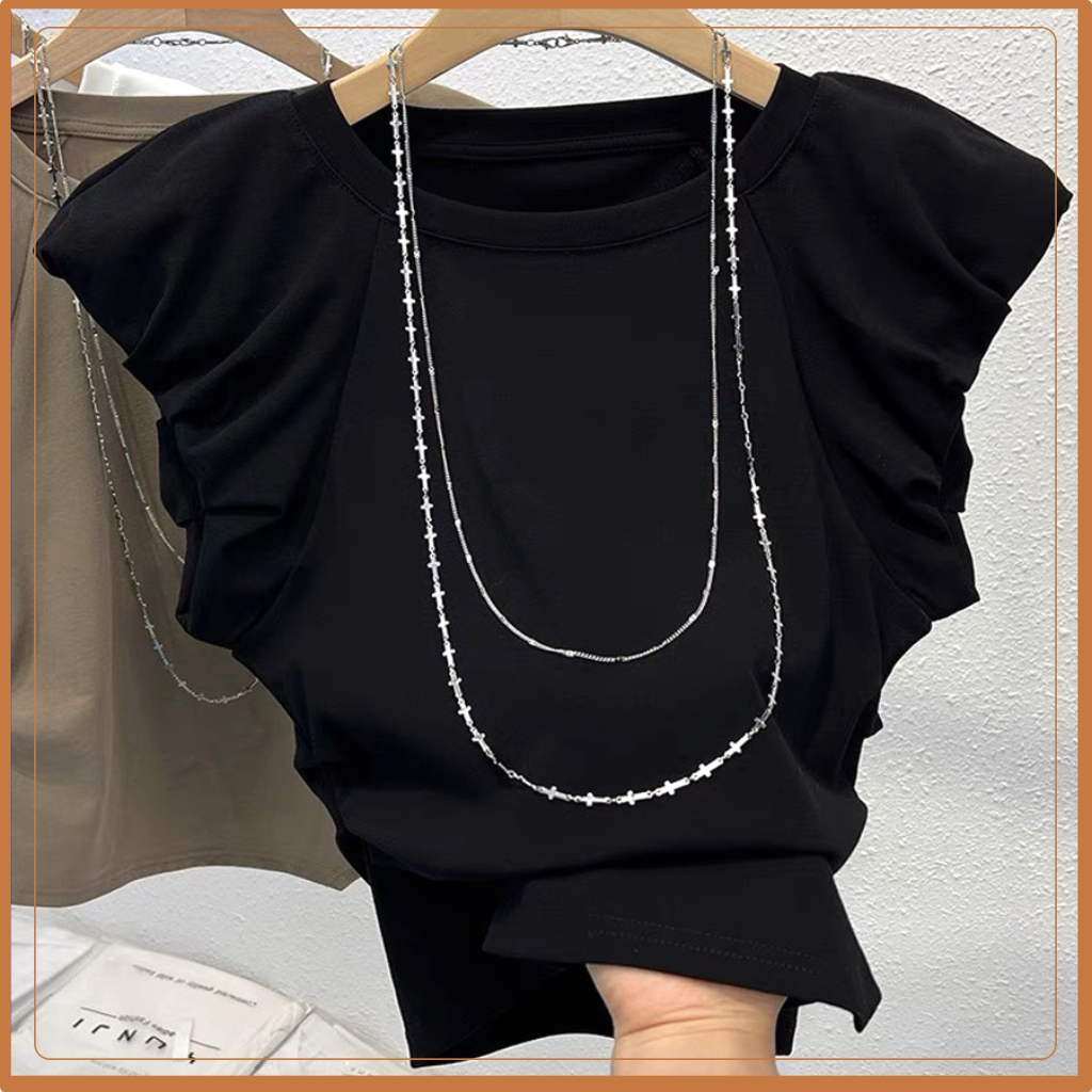 Áo thun nữ BIGBI tay bèo, hàng Quảng Châu chất vải zip cotton co giãn bốn chiều, áo cổ tròn, triết eo phong cách hè 2023