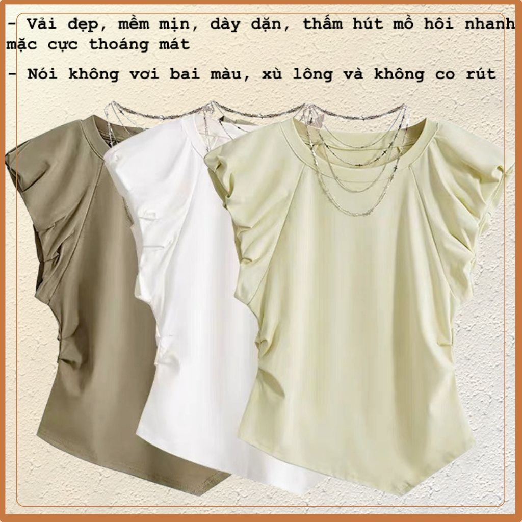 Áo thun nữ BIGBI tay bèo, hàng Quảng Châu chất vải zip cotton co giãn bốn chiều, áo cổ tròn, triết eo phong cách hè 2023
