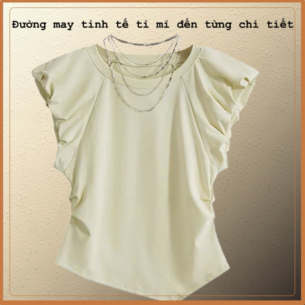 Áo thun nữ BIGBI tay bèo, hàng Quảng Châu chất vải zip cotton co giãn bốn chiều, áo cổ tròn, triết eo phong cách hè 2023