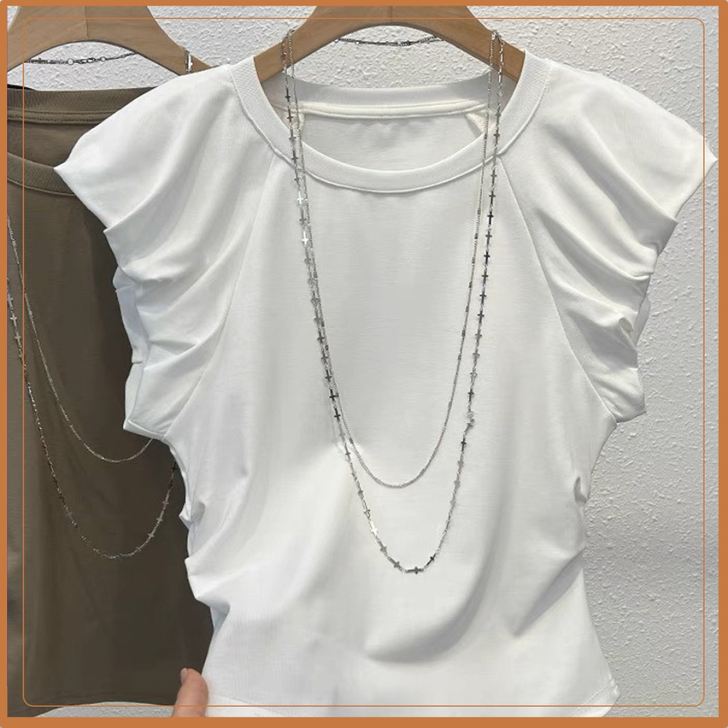 Áo thun nữ BIGBI tay bèo, hàng Quảng Châu chất vải zip cotton co giãn bốn chiều, áo cổ tròn, triết eo phong cách hè 2023