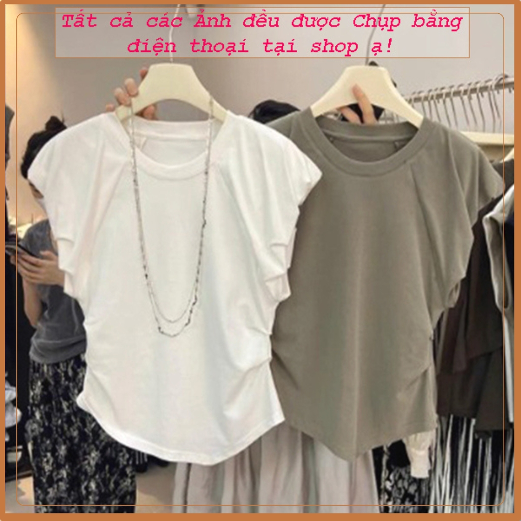 Áo thun nữ BIGBI tay bèo, hàng Quảng Châu chất vải zip cotton co giãn bốn chiều, áo cổ tròn, triết eo phong cách hè 2023