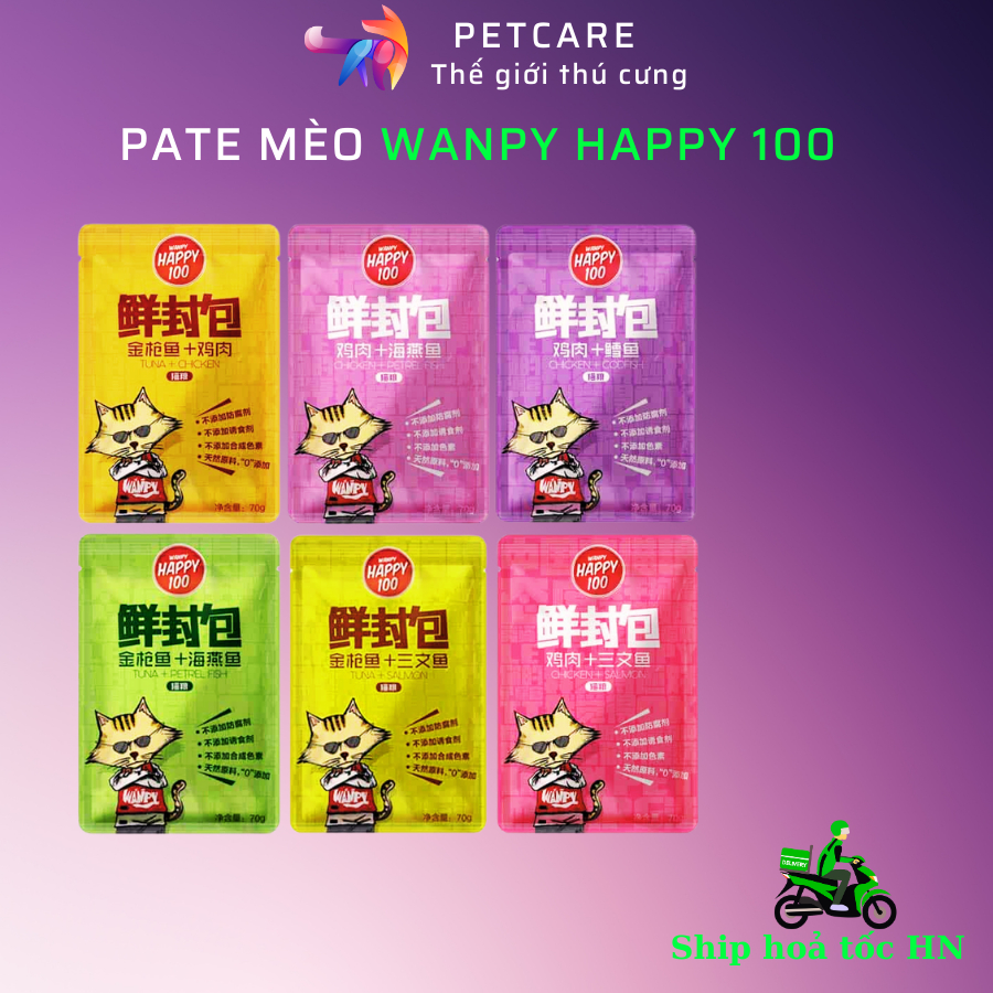 Pate Wanpy Happy gói 70gr- Pate Cho Mèo Gồm 6 Vị Có Sợi Thịt Bên Trong Petcare