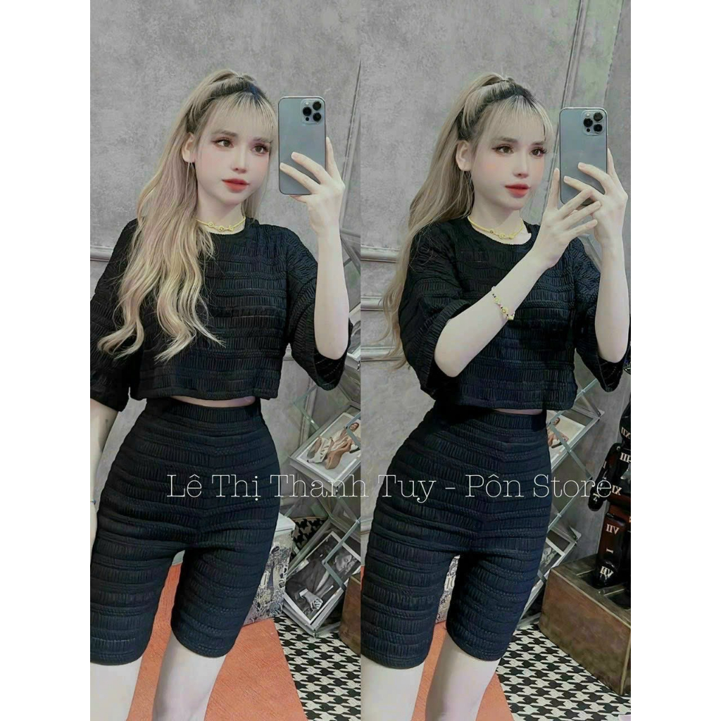Set Bộ 2 Món, Áo Tay Lỡ Dáng Croptop Phối Quần Lửng Xinh Xắn