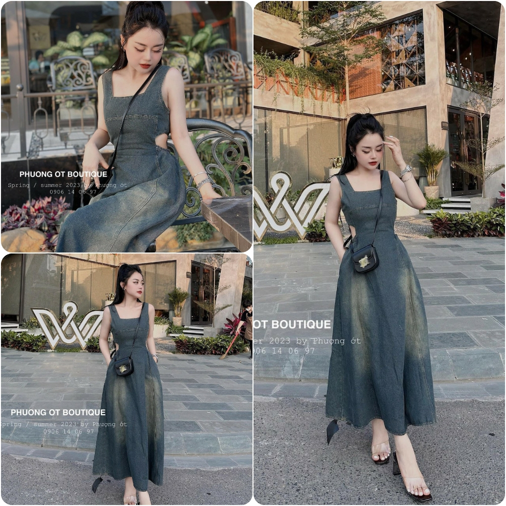 Váy Bò Mài Cổ Vuông Khoét Eo Dáng Xoè Dài , Váy Bò Cổ U Khoét Eo Loang Basic