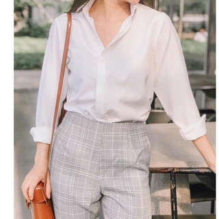 Áo sơ mi nữ trắng công sở dài tay giấu cúc dáng suông vải dày dặn chống nhăn