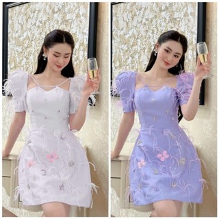 ✨đầm cổ u tay phồng kim sa lông vũ✨ hình thật ✔ về đủ sml