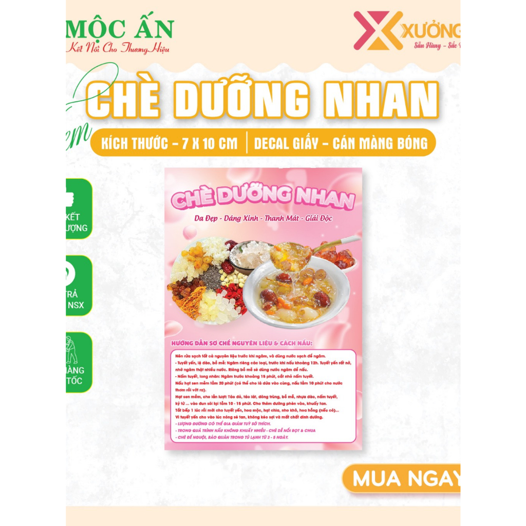 50 Tem Dán Set Chè Dưỡng Nhan 7x10 cm-Cán Bóng Sáng Đẹp