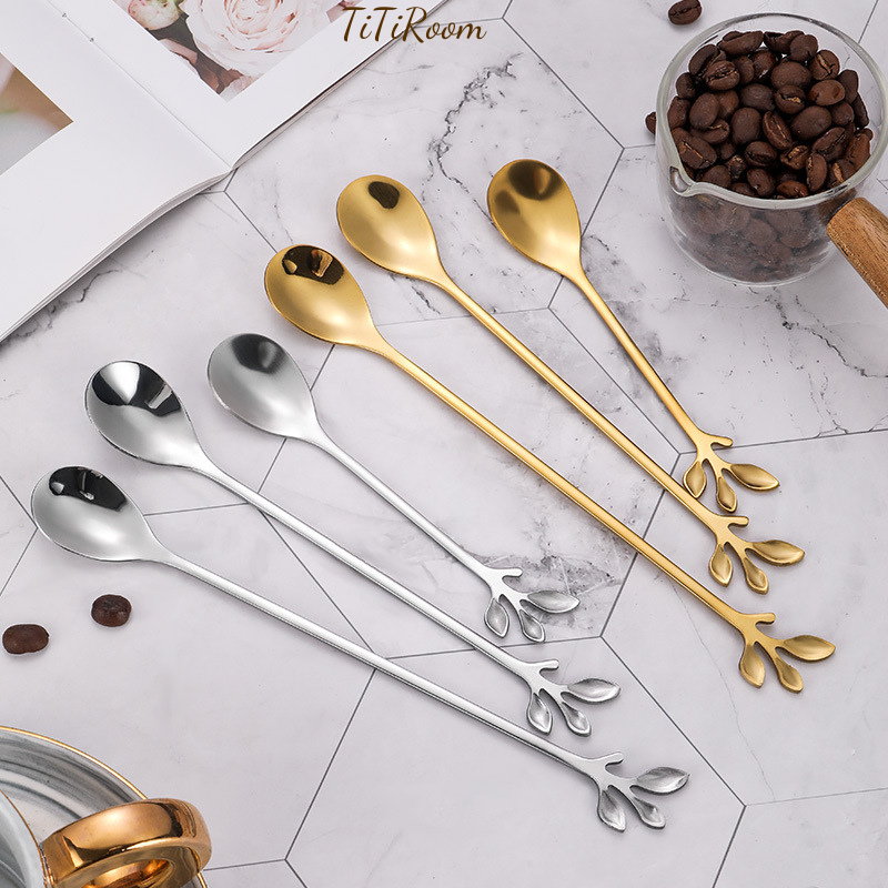 Thìa inox nĩa muỗng inox cafe hình hoa lá, muỗng cà phê inox, thìa dài uống trà màu vàng bạc sang trọng