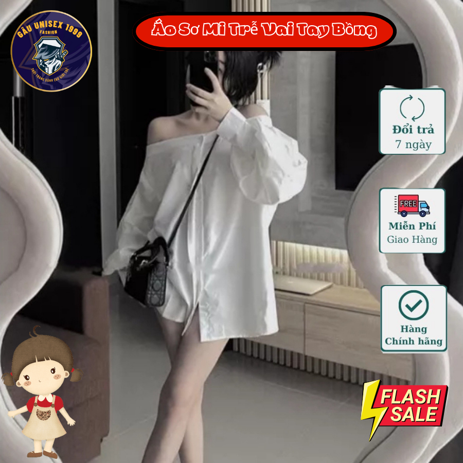 Áo Sơ Mi Trễ Vai Tay Bồng 💙 Cổ Tròn Chất Cotton 3158 Thoáng Mát