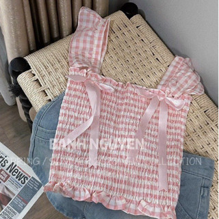 [Sẵn] Áo trễ vai mặc 2 kiểu thô kẻ đính nơ siêu xinh 2 màu ngọt ngào kèm ảnh thật AmineyShop
