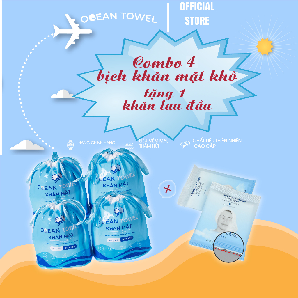 Combo 4 Bịch Khăn Mặt Khô Oceantowel (80 Khăn) Tặng 1 Túi Khăn Lau Đầu 30 x 70 Cm