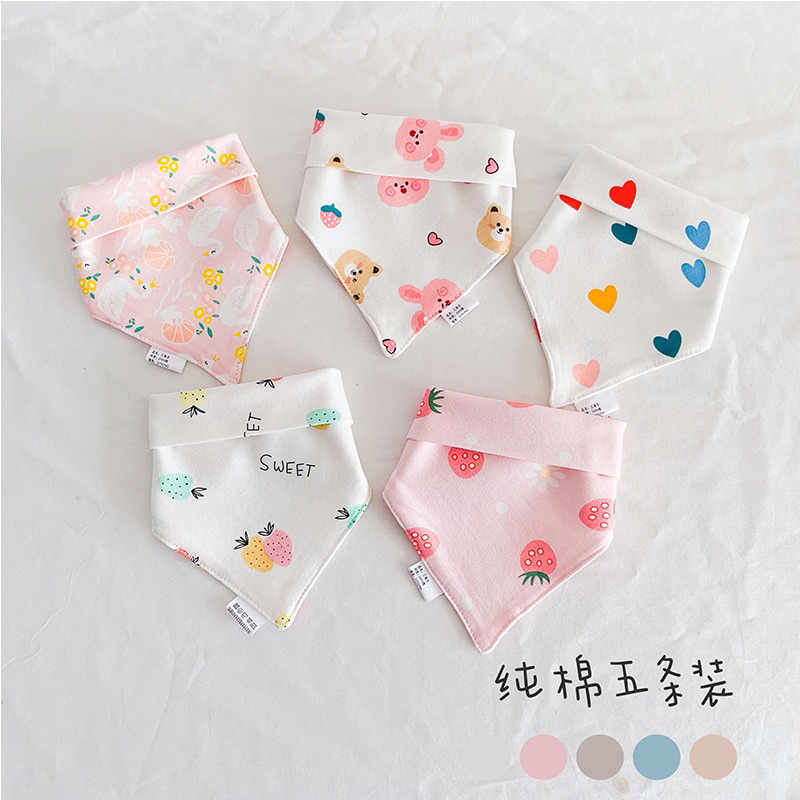 Khăn tam giác cho bé, sét 5 khăn yếm tam giác cotton mềm mịn phong cách Hàn Quốc cho bé trai bé gái siêu dễ thương.