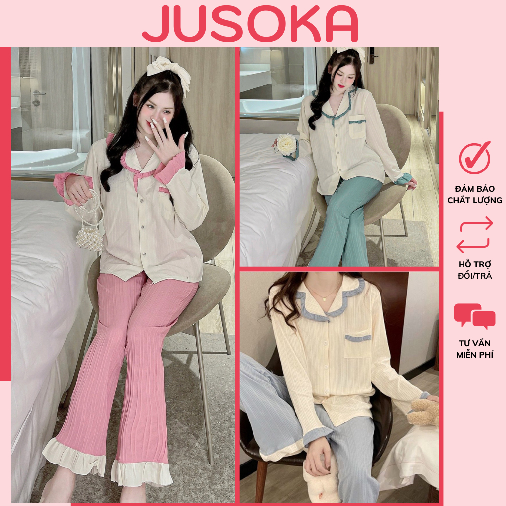Đồ bộ ngủ nữ pijama chất liệu xốp gân viền bèo phong cách tiểu thư dễ thương JUSOKA