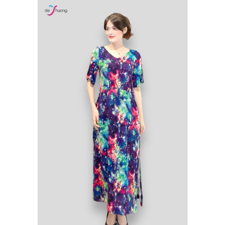 [ Chính hãng ] Đầm maxi nữ cổ V 4 rút eo tay ngắn xẻ - màu sơn thuỷ - DE THUONG