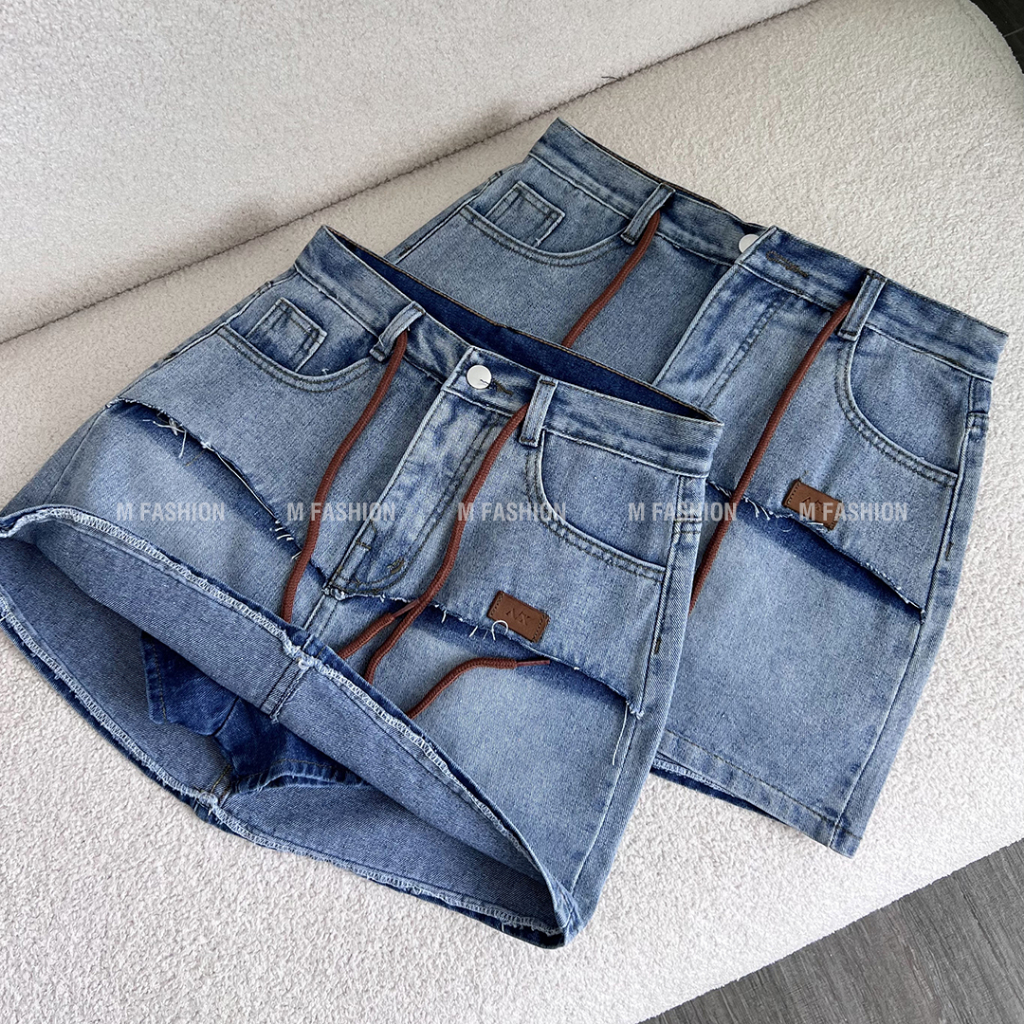 Chân váy jean ngắn chữ a có quần trong M Fashion phối túi và dây rút cách điệu
