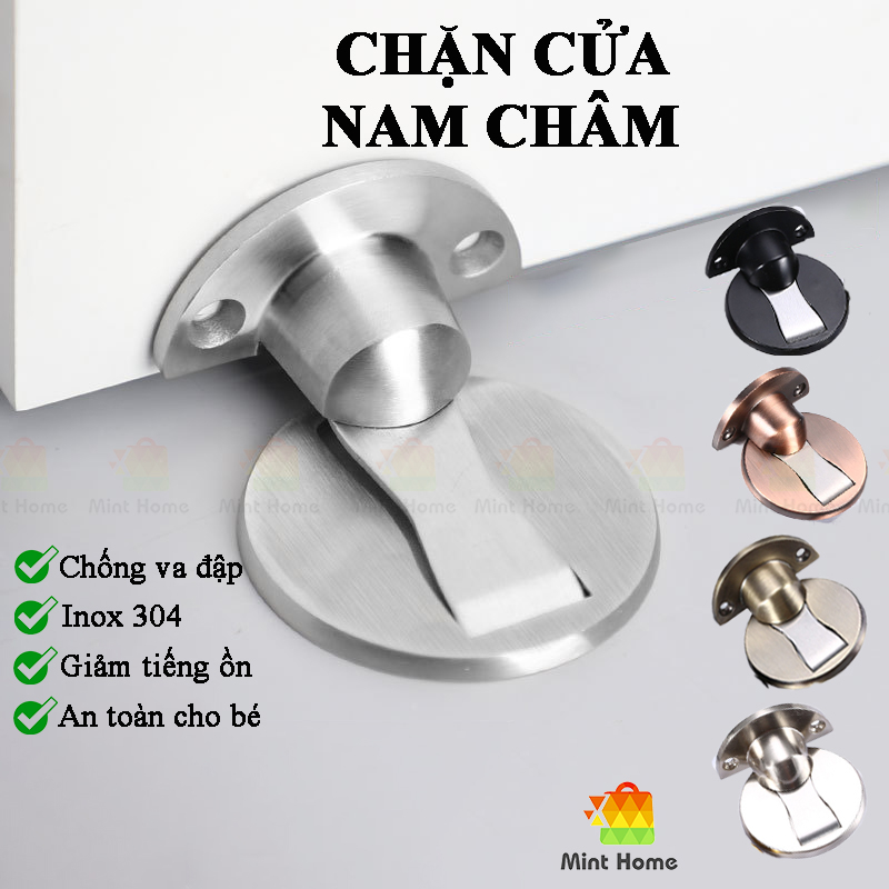 Chặn cửa inox nam châm siêu hít gắn sàn chống va đập thông minh kèm miếng dán tường 3M và ốc vít