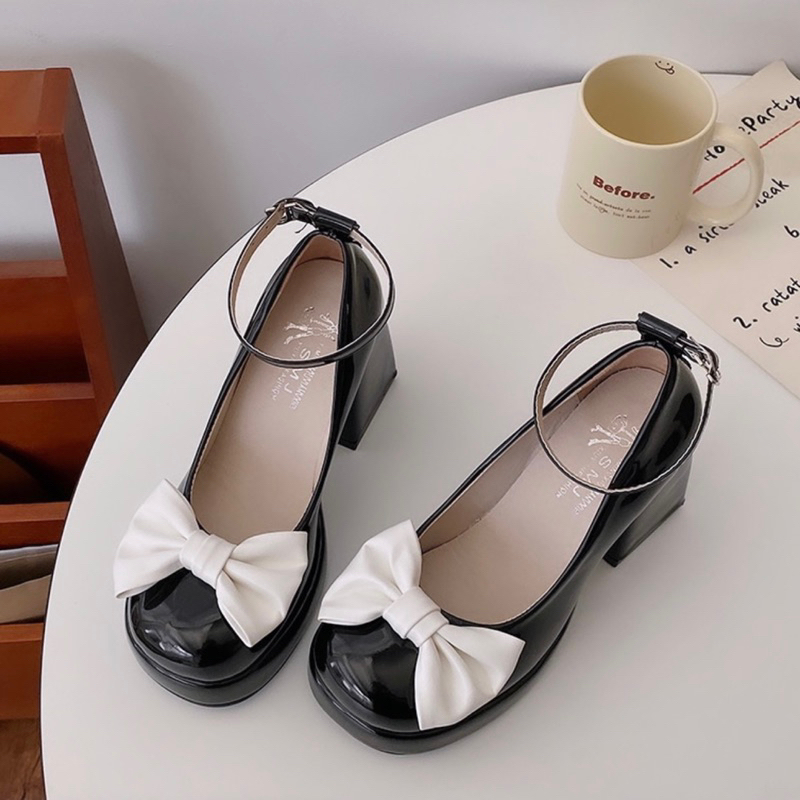 Giày cao gót Marry Jane nơ mũi tròn 9cm tiểu thư tôn dáng - Giày lolita nữ da trơn mũi tròn cute