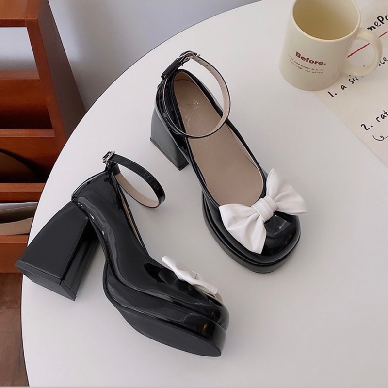 Giày cao gót Marry Jane nơ mũi tròn 9cm tiểu thư tôn dáng - Giày lolita nữ da trơn mũi tròn cute