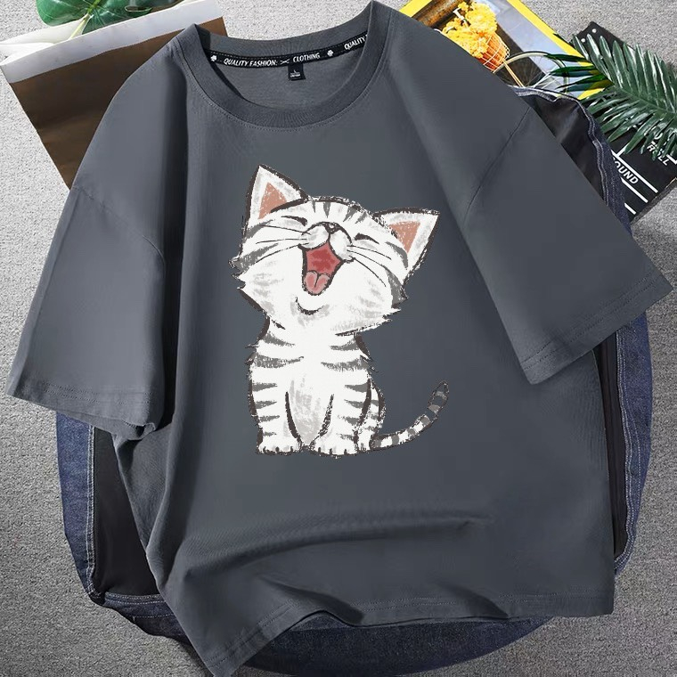 SWELEE at0062 Áo thun nam nữ cotton form rộng tay lỡ unisex hình in mèo con dễ thương