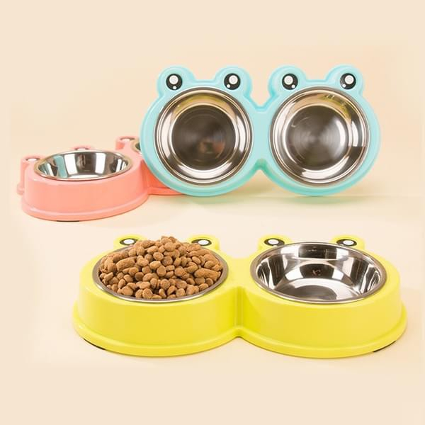 Bát ăn đôi inox cho chó mèo hình ếch, bát ăn 2 ngăn cho thú cưng lõi inox siêu bền, dễ vệ sinh