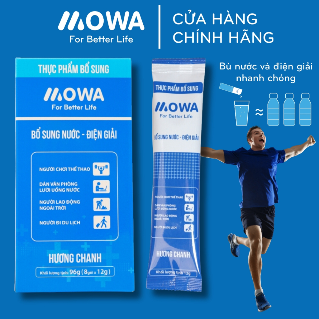 Cốm Sủi Điện Giải MOWA Bổ Sung Nước Ion Muối Khoáng Vitamin B3 B5 B6 B12 Và Vitamin C Hộp 8 Gói 12g