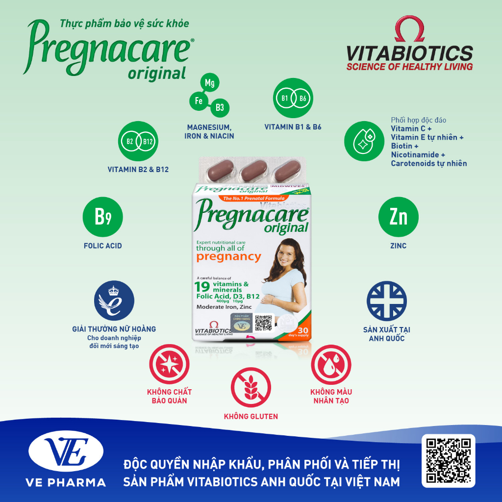 Viên Uống Cho Phụ Nữ Mang Thai Và Cho Con Bú Vitabiotics PREGNACARE ORIGINAL Bổ Sung Vitamin & Khoáng Chất Hộp 30 Viên