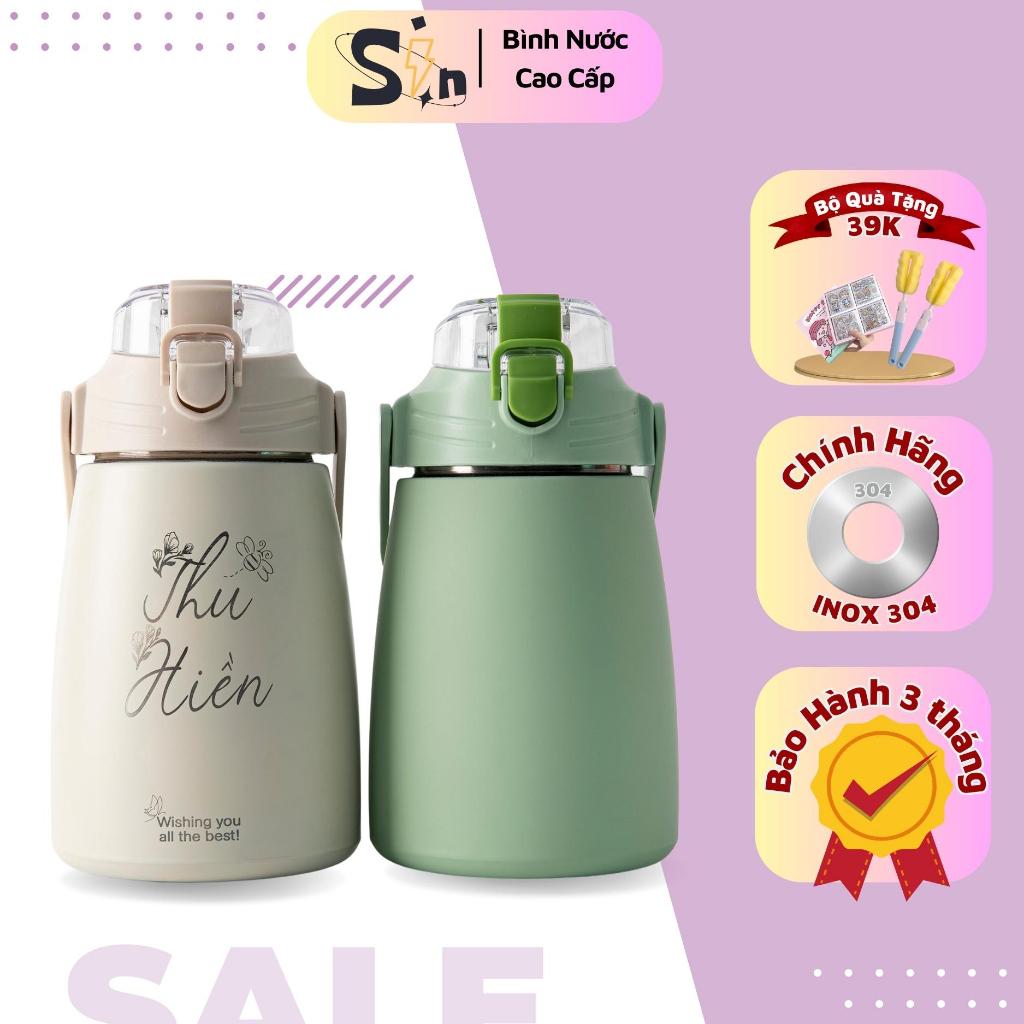 Bình giữ nhiệt 1000ml bình nước khắc tên có ống hút, dây đeo inox 304 giữ nhiệt 12h tặng Sticker, cọ rửa