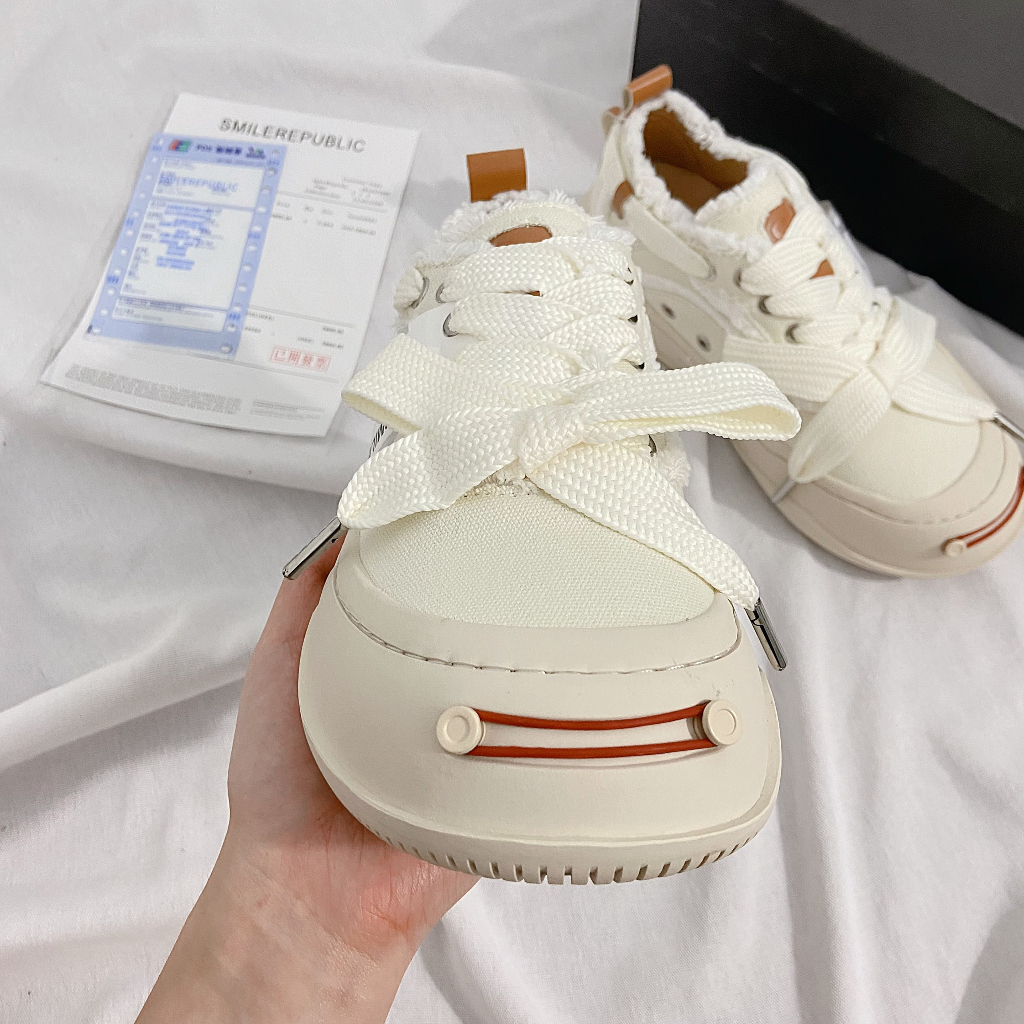 Smilerepublic 2022 Giày Vải Canvas Đế Dày Hở Ngón Hình Mặt Cười Phong Cách Ngôi Sao Siêu Dễ Phối Đồ Và Bền Màu Trắng
