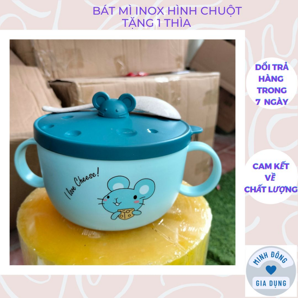 Bát ăn mì có nắp inox giữ nhiệt cute hình chuột có quai tặng thêm 1 thìa