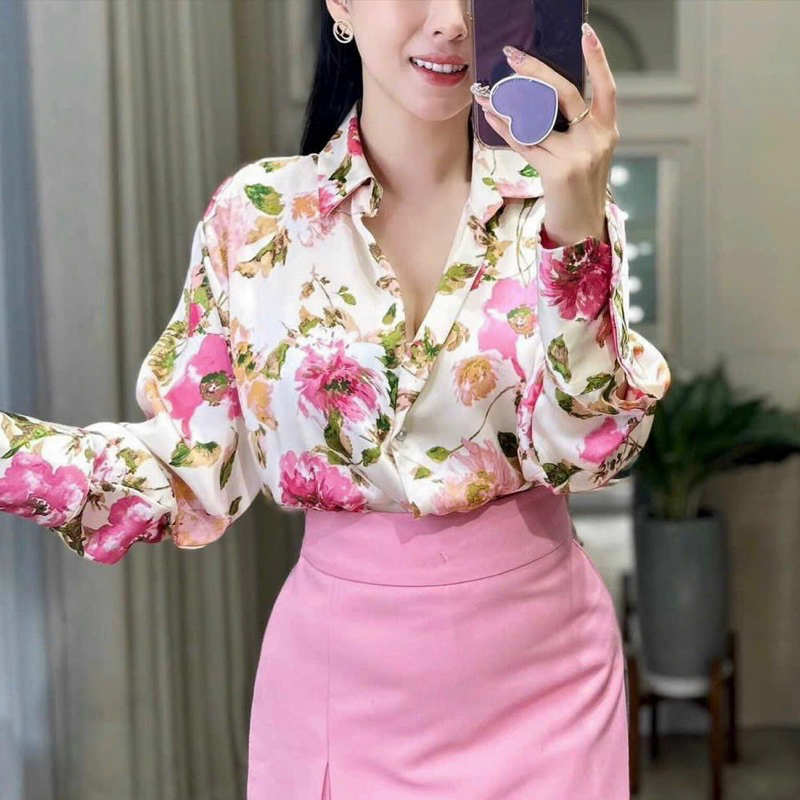 Áo Sơ Mi Nữ công sở, áo sơ mi hoa nữ tay dài Hoa Lá Za Ra phong cách Hàn quốc vải lụa Latin Phôm Dài Giấu Quần