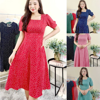 Váy nữ thiết kế tay bồng họa tiết chấm bi v3, đầm nữ chất liệu lụa hàn cao cấp mềm mát