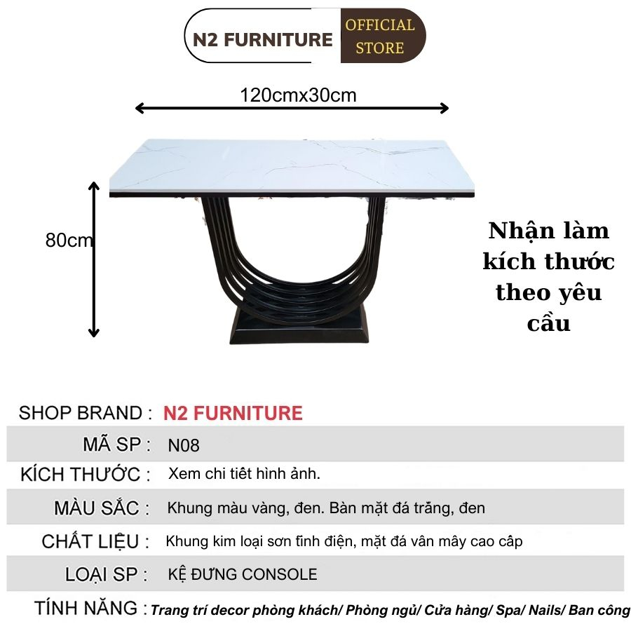 Kệ decor, Kệ trang trí phòng khách, bàn kệ đứng mặt đá N08, bàn console nội thất nhà cửa cafe ban công nail N2 Furniture